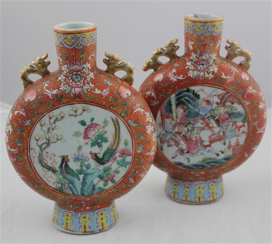 A pair of Chinese famille rose moon flasks, 19th century, 24.2cm, one neck repaired, slight losses to handles